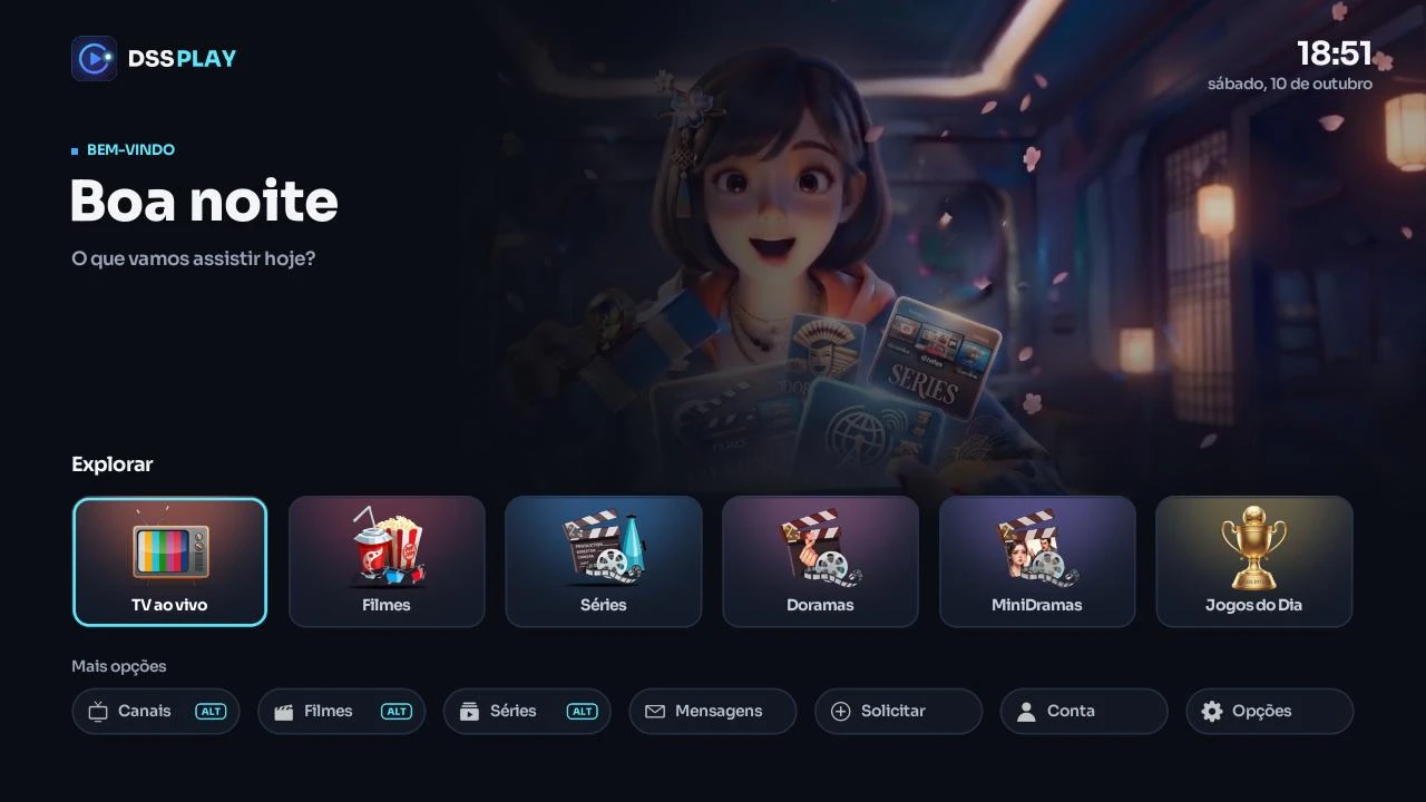 Tela inicial completa: TV ao vivo, Filmes, Séries, Doramas, MiniDramas, Jogos do Dia e mais opções